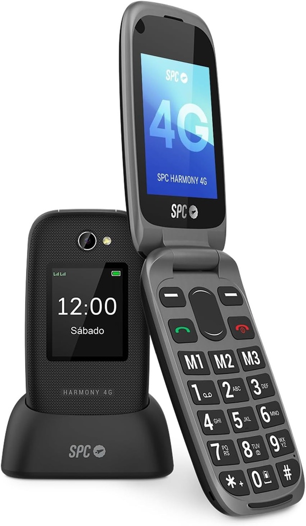 SPC Harmony 4G - Telefon mobil cu clapa pentru seniori, butoane mari, compatibil cu aparate auditive, configurare de la distanta, buton SOS, sonerie puternica, statie de incarcare, negru 