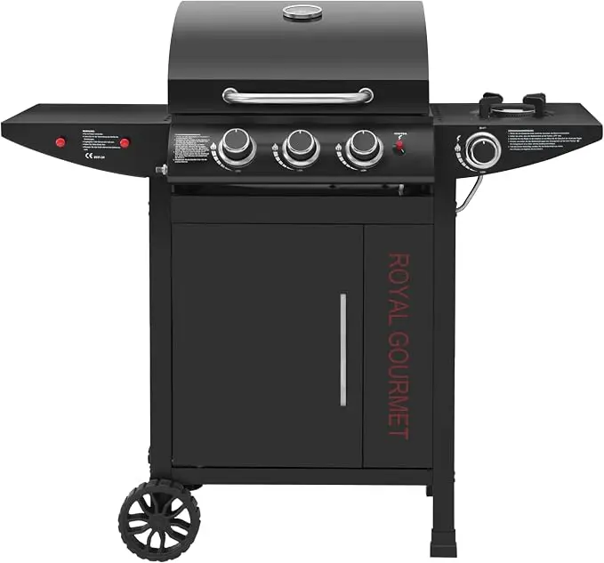 Royal Gourmet Grătar pe Gaz cu 3+1 Arzătoare, Cărucior cu 11,5 kW, Grătar de Camping cu Arzător Lateral, Grătar pe Gaz pentru Exterior cu Cârlige, Dulap de Bază pentru Balcon, Petrecere, Negru