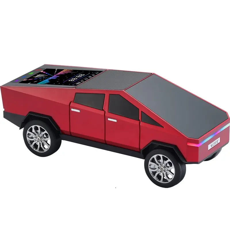 Boxa bluetooth wireless 15W design masina rosie Cybertruck, display touchscreen color, lumini LED RGB, 30cm