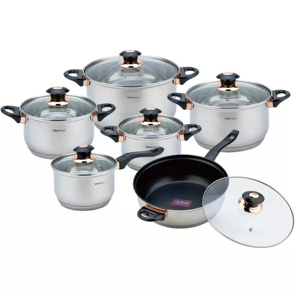 Set de vase de gătit jumbo KINGHOFF KH-1767 Rose Gold din oțel, 12 piese