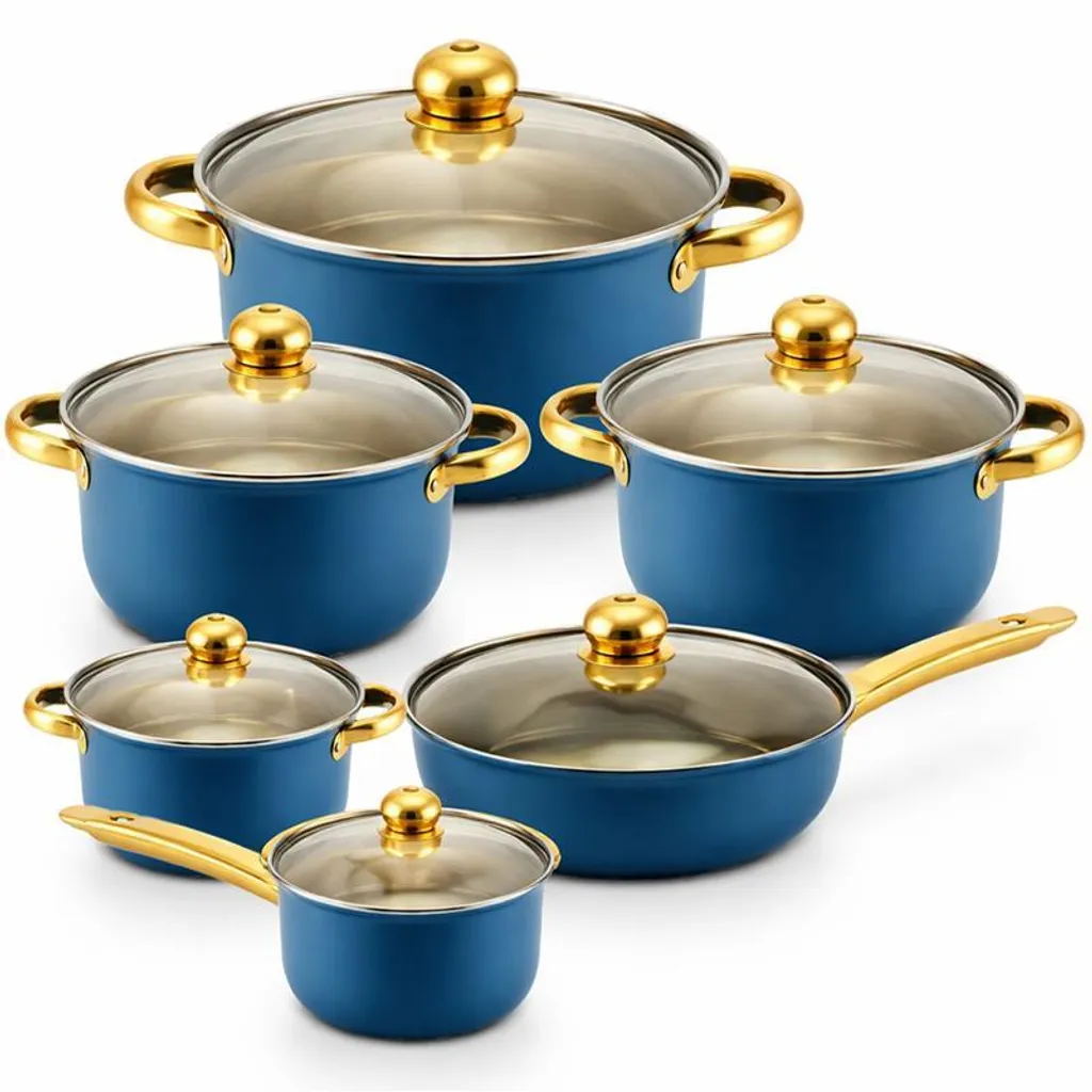 Set de vase de gătit cu 12 piese | Set de oale | Oale și tigăi | Oale cu capace de sticlă | Compatibile cu inducție | Albastru și auriu, oțel inoxidabil