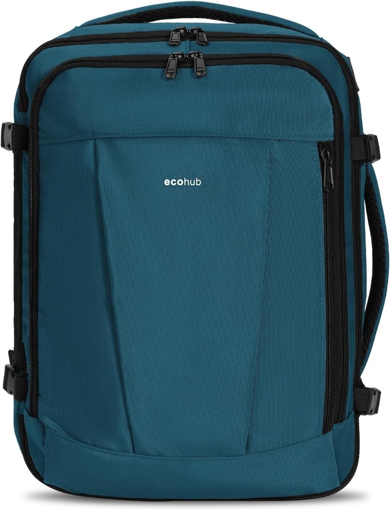 Rucsac de mână ECOHUB pentru avion, rucsac pentru Ryanair Easyjet cu 13 buzunare, rucsac de călătorie ușor fabricat din PET reciclat pentru călătorii aeriene, pentru femei și bărbați, 40x30x20 cm 24L (albastru-verde)