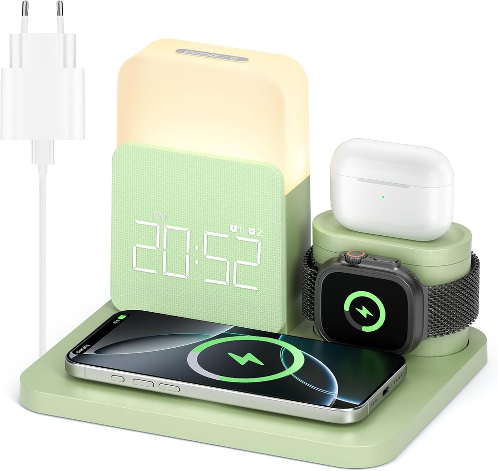 Încărcător wireless COLSUR 7 în 1 compatibil cu Apple/Samsung, cu lampă ceas