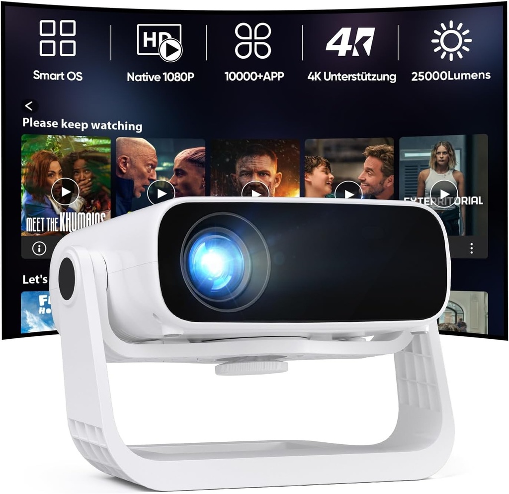 Proiector inteligent, 2026, Full HD 1080P, 25000 lumeni, Android 11, aplicații integrate, corecție trapezoidală 4D, WiFi 6 și BT 5.2, proiector Home Cinema 4K cu suport rotativ la 120grade pentru iOS/Android/laptopuri
