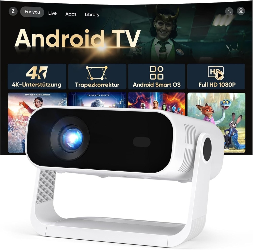 Proiector mini inteligent 2026 cu aplicație integrată, Android 14, suportă decodare 1080P și 4K, 20000 lumeni, corecție automată a trapezului, WiFi6 și BT5.2, proiector home theater 4K pentru telefon mobil/HDMI/PC