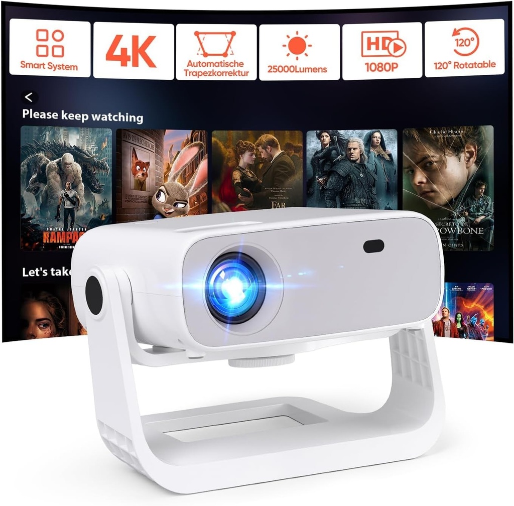 Proiector inteligent, aplicații integrate, Full HD 1080P cu suport 4K, 25000 lumeni, corecție trapezoidală 4D, proiector Home Cinema 4K compatibil cu iOS/Android/PS5