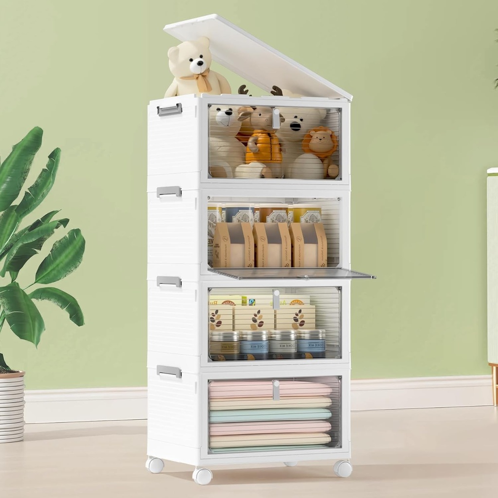 Cutie de depozitare COOSEYA 23L*4 cu capac, cutii de depozitare pliabile cu roți, cutie din plastic cu capac, cutie pentru cărți, recipient pentru depozitarea materialelor artizanale, recipient pentru depozitarea hainelor, cutie pliabilă