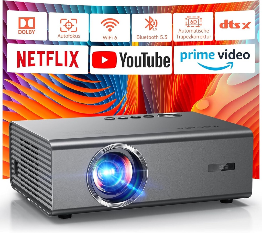 Proiector inteligent 4K pentru dormitor 1200 ANSI, compatibil cu Netflix și HDR10  Focalizare automată KOGATA AI, trapez 6D, zoom 100%–50%, WiFi 6 și Bluetooth 5.3  Proiectoare Home Cinema pentru interior și exterior