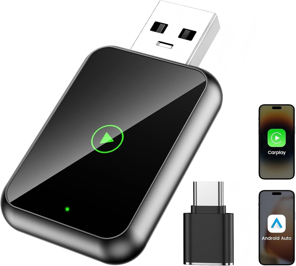 Adaptor wireless Mini CarPlay 2026 pentru Apple CarPlay/Android Auto, USB-A/C