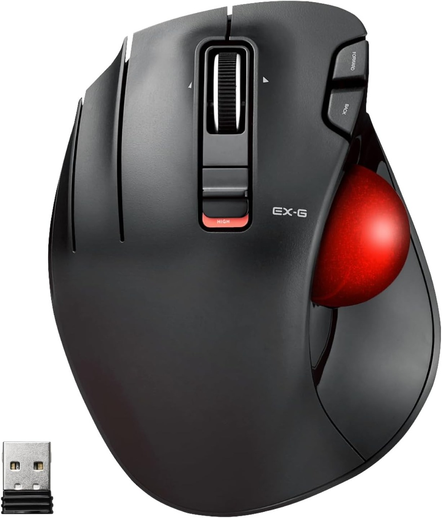 Mouse trackball Elecom EX-G pentru stângaci, wireless 2.4GHz, control cu ​​degetul mare, funcție cu 6 butoane, design ergonomic, bilă roșie, Windows 11, macOS (M-XT4DRBK-G)