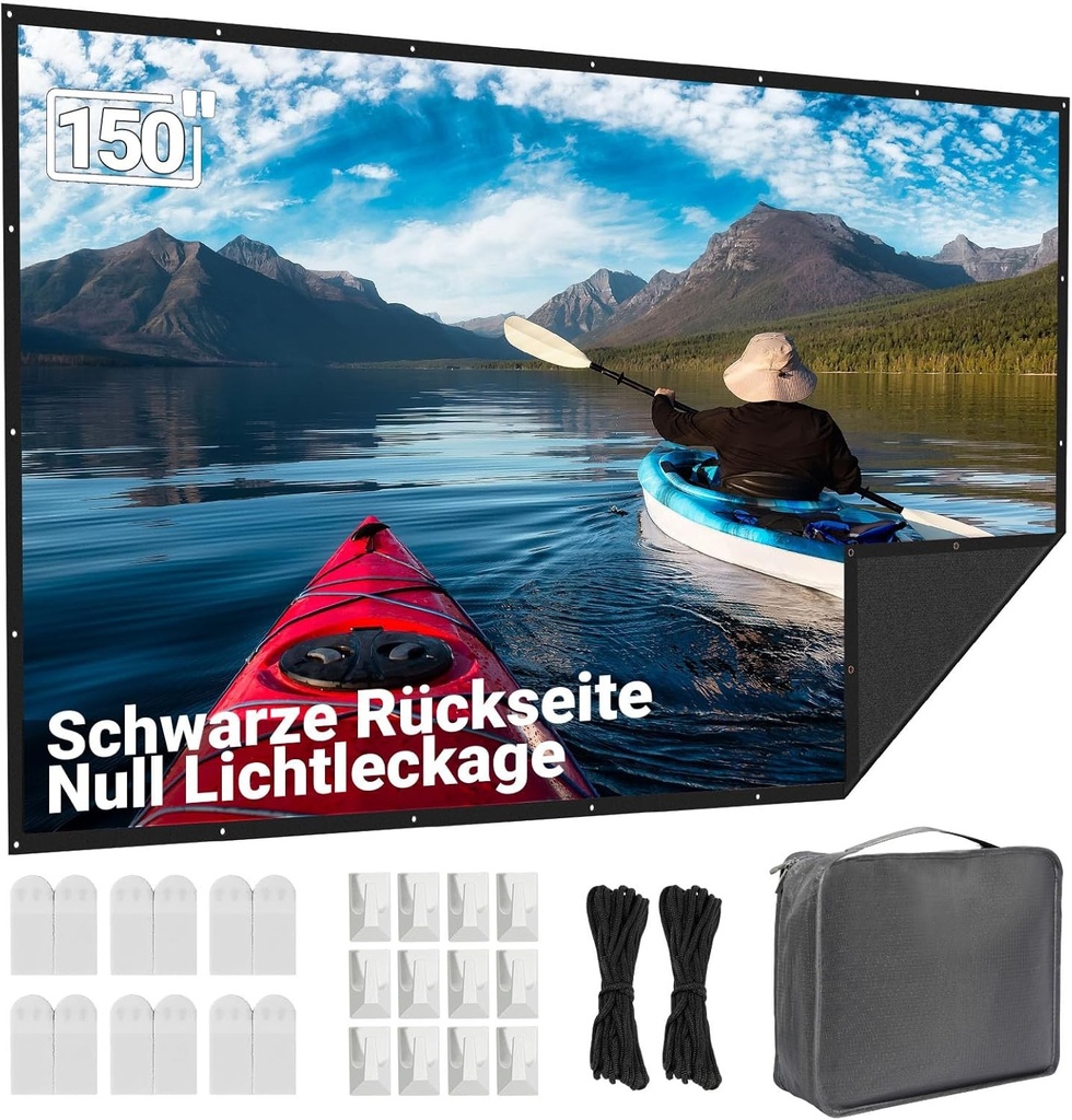 Ecran de proiector 150 inci pentru exterior - Modernizat cu fundal negru și opac - Ecran portabil pentru proiector de interior și exterior - Pliabil 16:9, lavabil, fără șifonare pentru home cinema, cinema