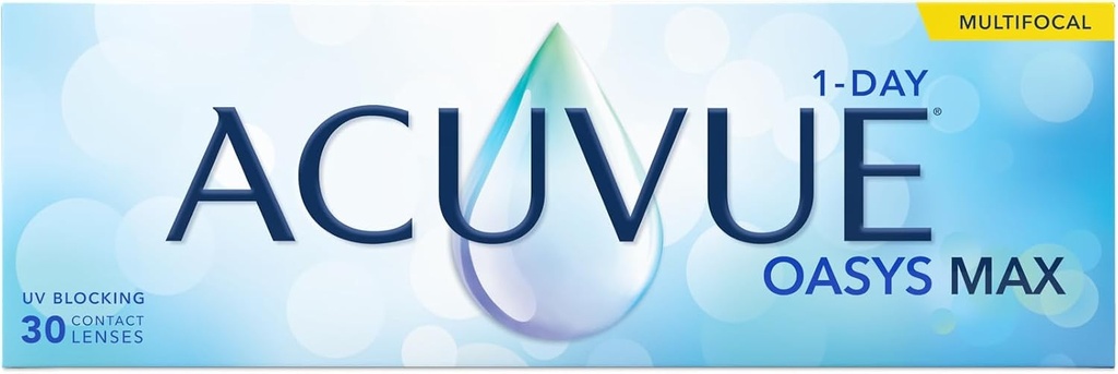 Lentile de contact Acuvue Oasys Max 1-Day multifocale zilnice cu tehnologie TearStable, filtru de lumină OptiBlue și design optimizat pentru pupilă, dioptrii, diametru 14.3 mm, 30 de unități, adiție +1.50, curbă de bază 8.4 mm