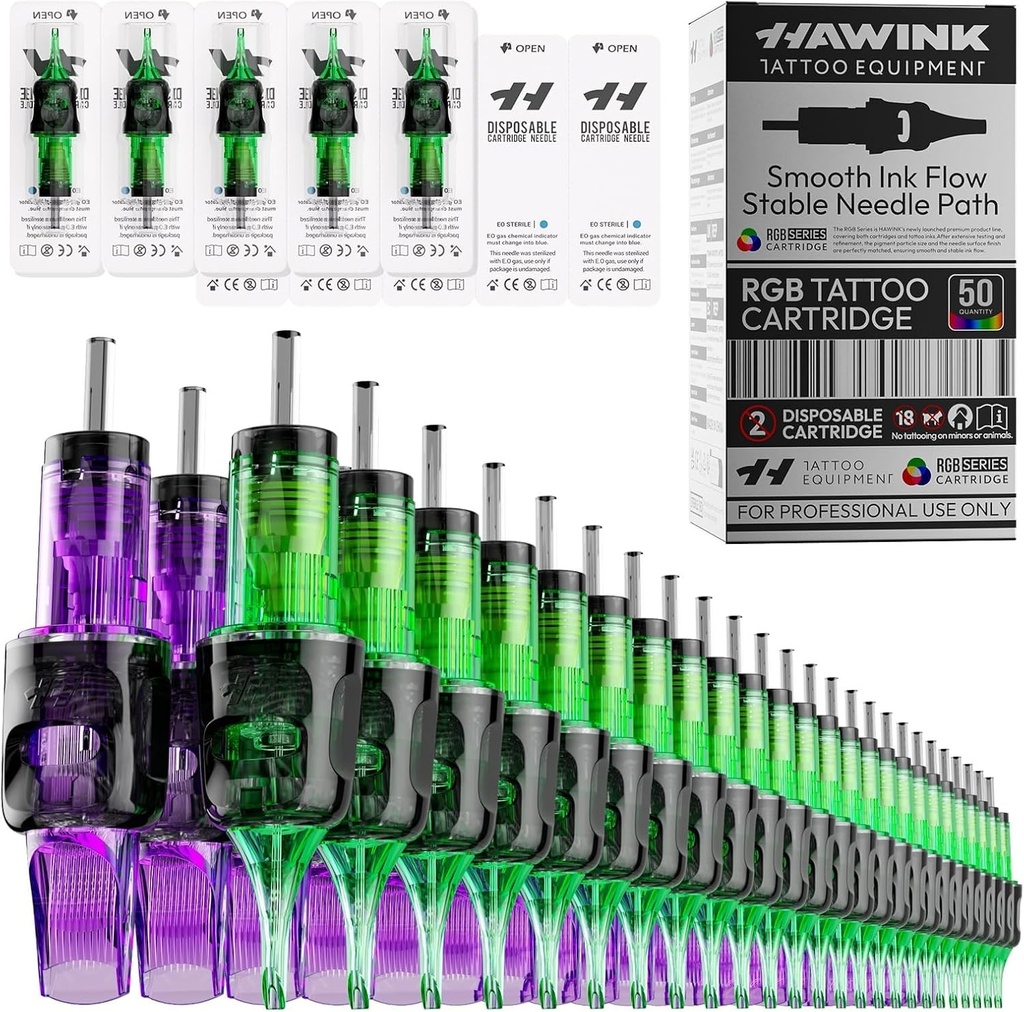 HAWINK Kit ace de tatuaj 50PCS cartușe profesionale pentru mașină de tatuat #10 Bugpin rotund Liner/Shader/Magnum 3RL 5RL 7RL 3RS 5RS 7RM 9RM 11RM 13RM 15RM diametru ac 0.30mm EN20-FG-50KIT-N