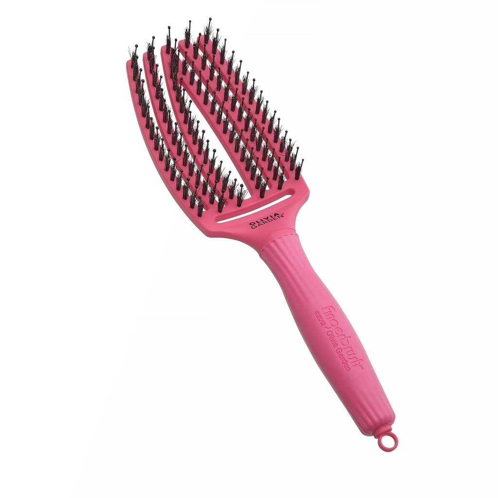 Perie de păr descurcătoare Olivia Garden Fingerbrush Care Iconic - Medie - Roz aprins - cu peri de mistreț și nailon pentru strălucire maximă și coafare netedă