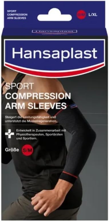 Manșoane de compresie Hansaplast Sport, orteză pentru încheietura mâinii care susține mușchii, orteză pentru cot care promovează regenerarea musculară prin compresie, 1 pereche, mărimea S/M