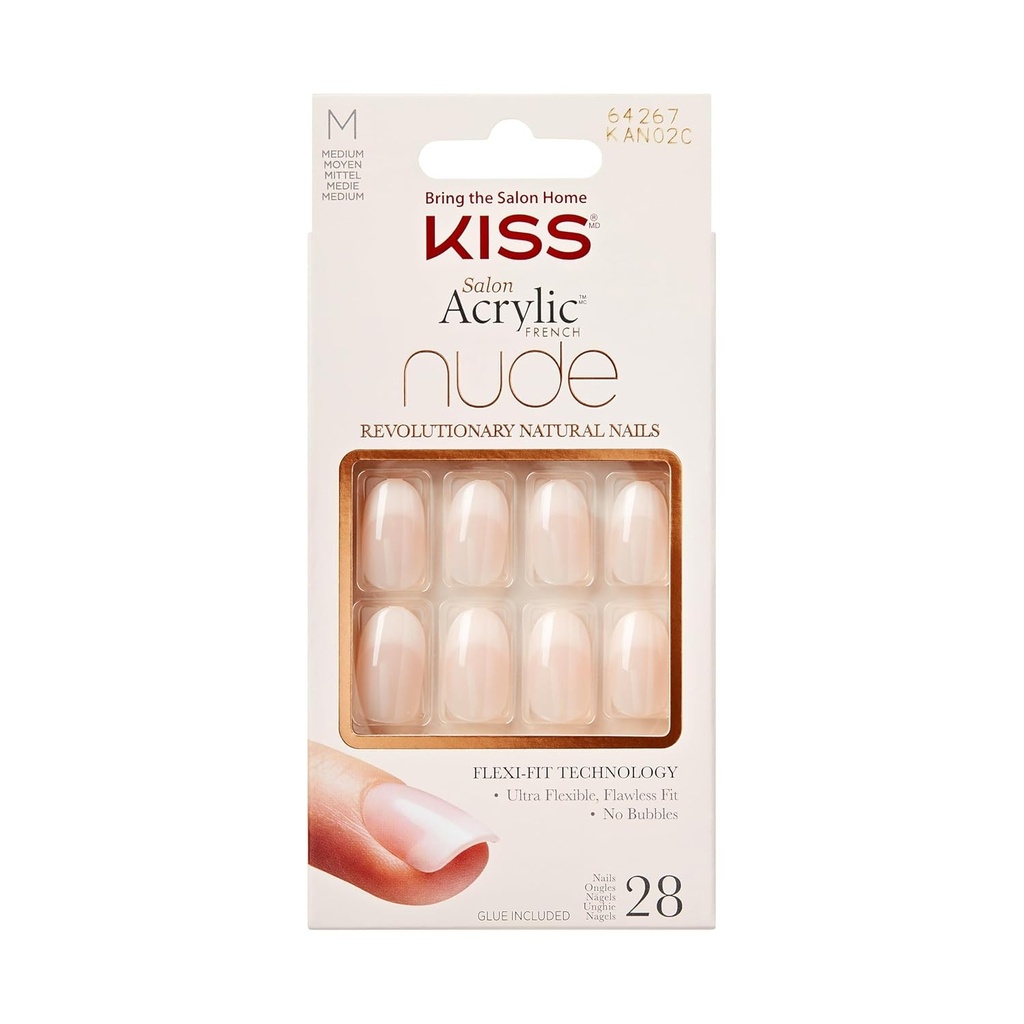 Colecția KISS Salon Acrylic French Nude, Unghii False Nude de Lungime Medie, Grațioase, Include 28 de Unghii False, Lipici pentru Unghii, Pilă de Unghii și Stick pentru Manichiură (Ambalajul Poate Varia)