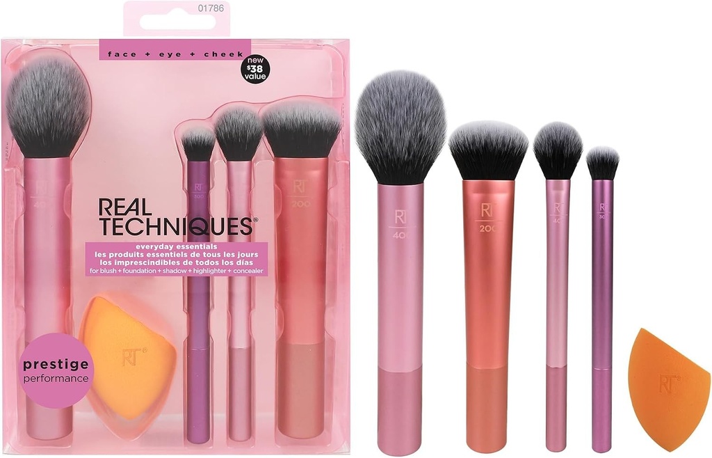 Trusă de machiaj Real Techniques Everyday Essentials + burete de machiaj, pensule de machiaj și burete pentru blender, pentru fond de ten, blush, bronzer, fard de pleoape și pudră, peri sintetici, fără cruzime, set de 5 piese