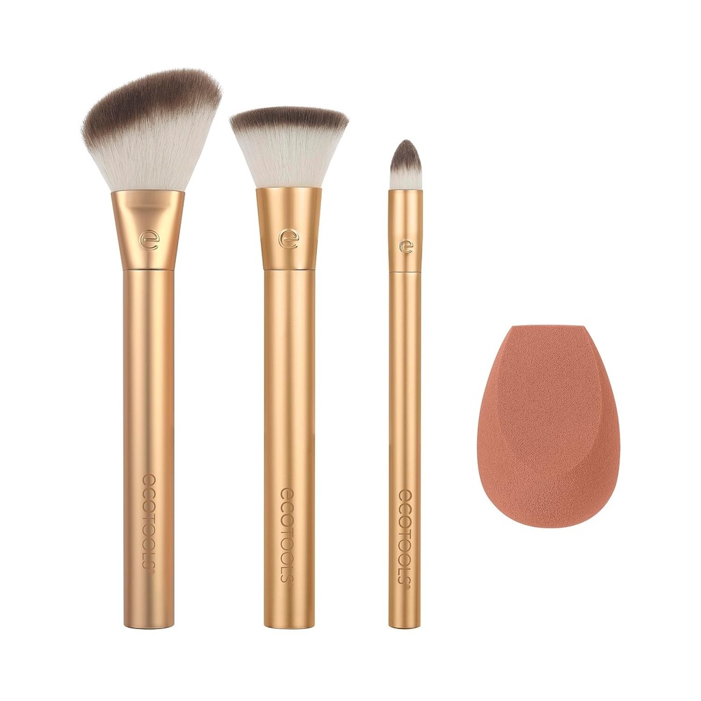 Set de pensule de machiaj EcoTools Precious Metals pentru amestecarea și sculptarea feței, set de pensule pentru fond de ten, set de pensule de machiaj ecologic și vegan, aluminiu reciclat, set de 4 piese