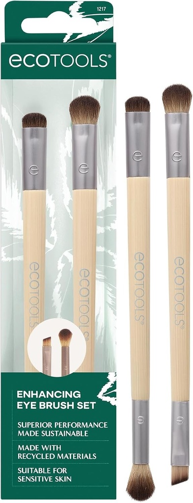 Set de pensule pentru intensificarea fardului de pleoape și a tușului de ochi EcoTools, pensule de machiaj pentru aplicarea fardului de pleoape lichid, cremos și pudră, cu două fețe și ecologice, peri sintetici, vegani, fără cruzime, set de 2 piese