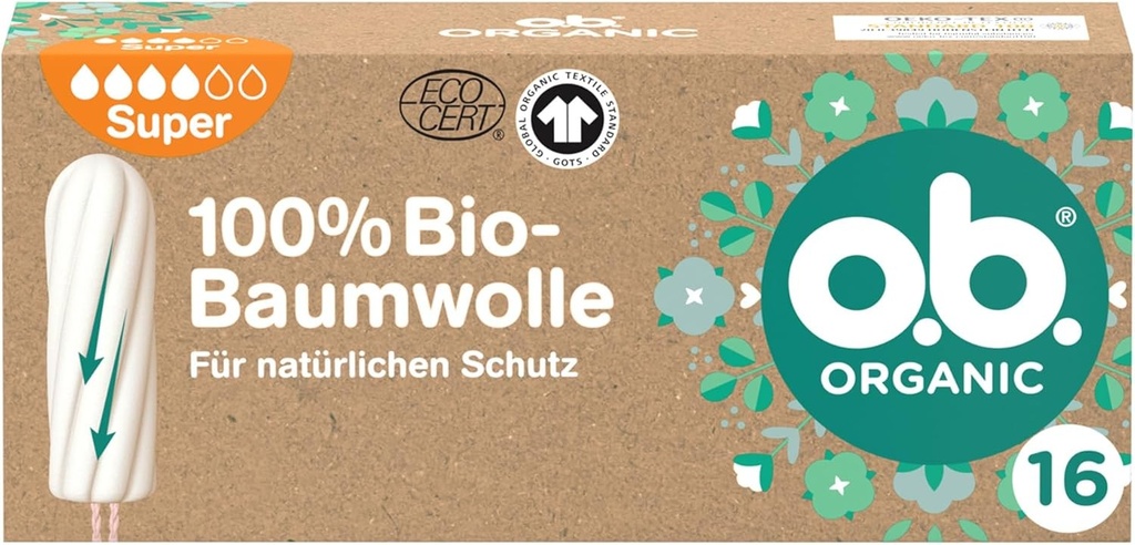 o.b. Organic Super (16 bucăți), tampoane organice pentru zile grele, fabricate din bumbac 100% organic cu caneluri curbate pentru protecție fiabilă și naturală
