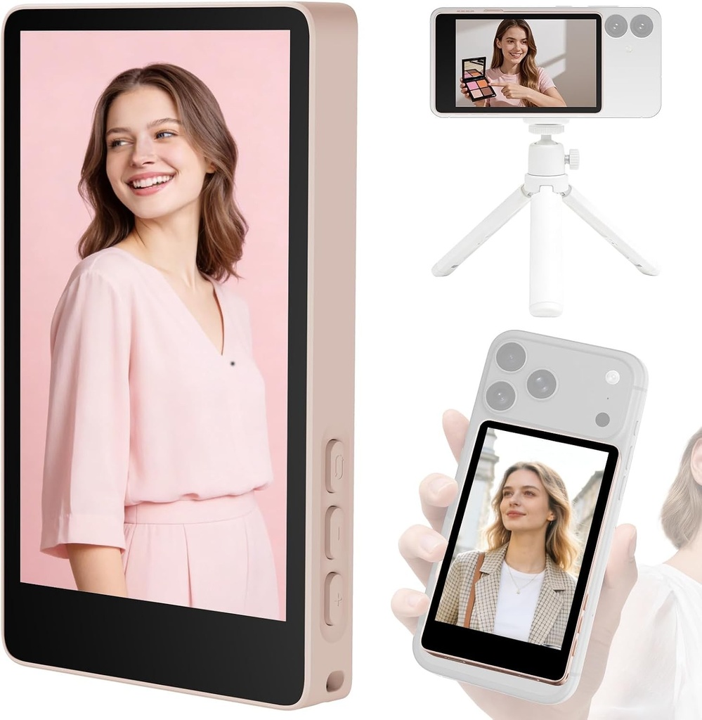 Bettdow Monitor Selfie Telefon Mobil 3,97 Inch Ecran Magnetic Smartphone Vlog pentru iPhone și Telefon Android Cameră spate Wireless cu Difuzor pentru TikTok YouTube Live Streaming, Roz