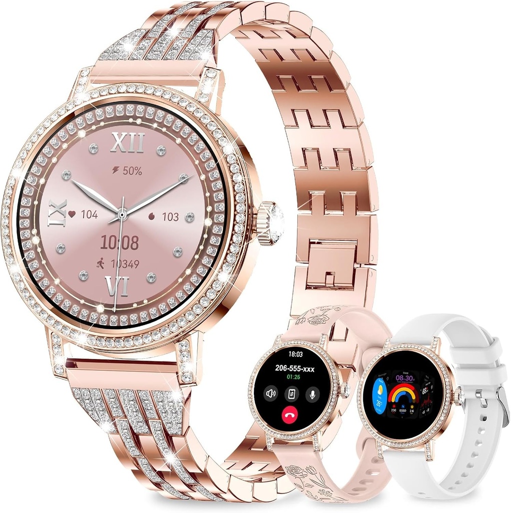 Ceas inteligent pentru femei cu diamant, 3 curele, ceas inteligent HD de 1,27 inci pentru femei cu apeluri Bluetooth, ritm cardiac/SpO2/somn/pași/calorii, pedometru IP68 110+ sporturi cu Android/iOS, auriu roz