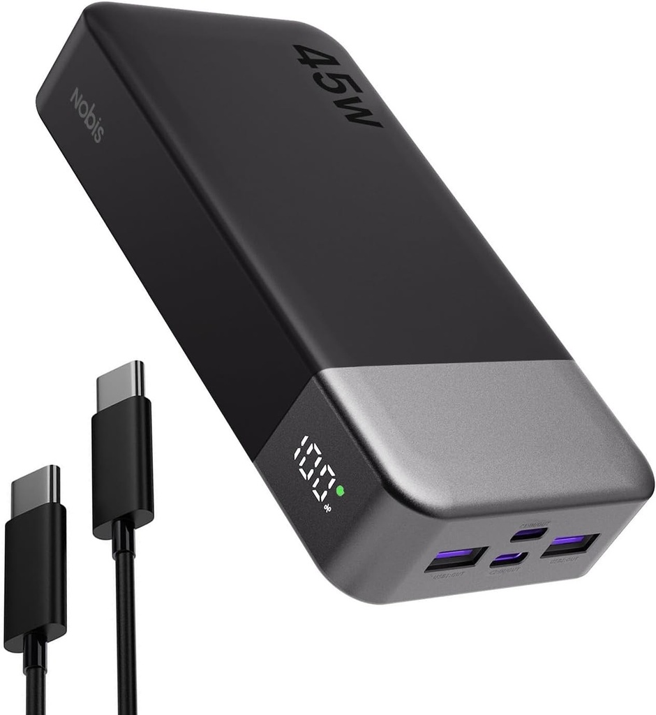 NOBIS Power Bank, încărcător portabil 45W 20000mAh, încărcare rapidă USB C, baterie externă cu 4 porturi și afișaj digital LED, compatibil cu laptop, telefon 15 14 13 Pro S23 S22 (negru)