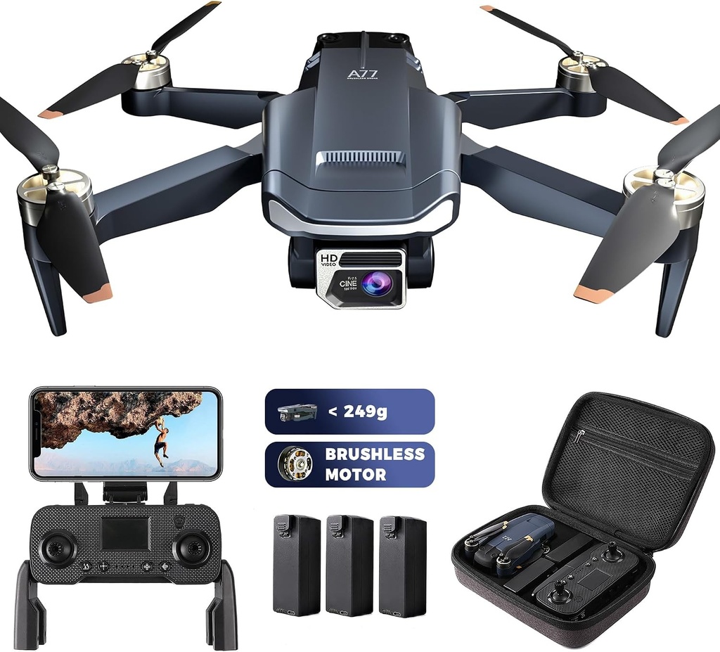 Dronă de supraviețuire cu motor fără perii, rază lungă de acțiune de 800 de metri, cu timp de zbor super lung de 84 de minute, cameră 4K HD, quadcopter CHUBORY A77 WiFi, urmărire automată, planare automată (3 baterii)