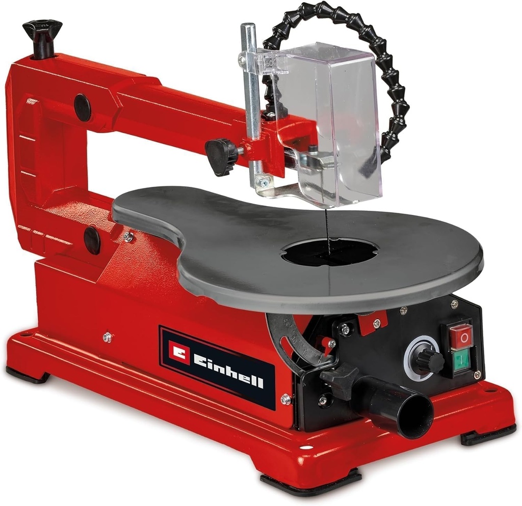 Fierăstrău circular Einhell TC-SS 406E - Fierăstrău electric cu traforaj cu masă de lucru metalică înclinabilă la 47grade pentru tăieturi oblice, schimbarea lamei fără unelte, ferăstrău hobby cu aspirare a prafului pentru prelucrarea lemnului, meșteșuguri și bricolaj