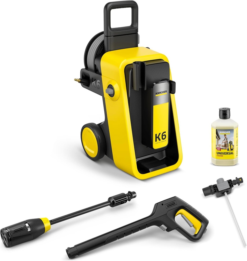 Aparat de spălat cu înaltă presiune Kärcher K 6 Comfort Premium, Presiune: 160 bar, Debit: 510 l/h, Suprafață: 50 m2/h, Greutate: 18,2 kg, Furtun de înaltă presiune, Tambur pentru furtun, Duză Multi-Jet 4 în 1