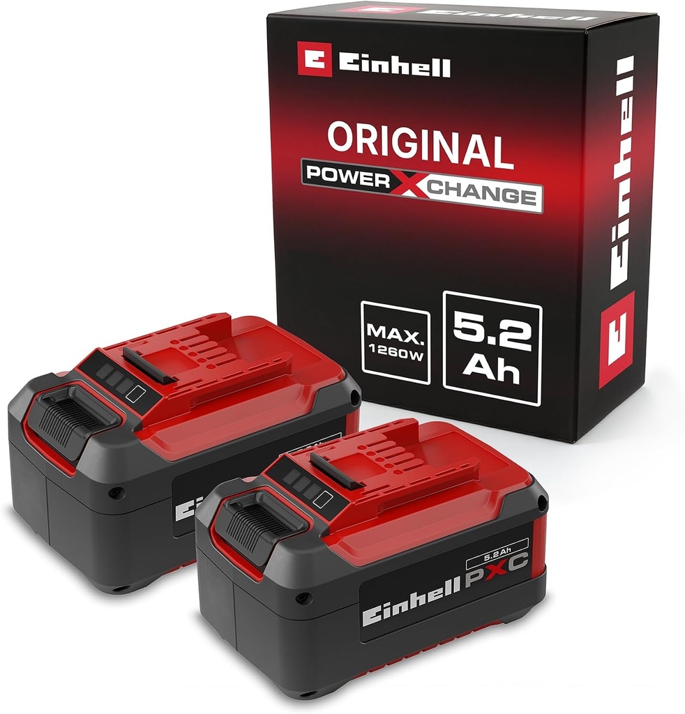 Pachet dublu de baterii litiu-ion Einhell Power X-Change 18V, 5.2Ah - 2 baterii de 5,2Ah compatibile universal cu toate sculele electrice și mașinile de grădină Einhell PXC