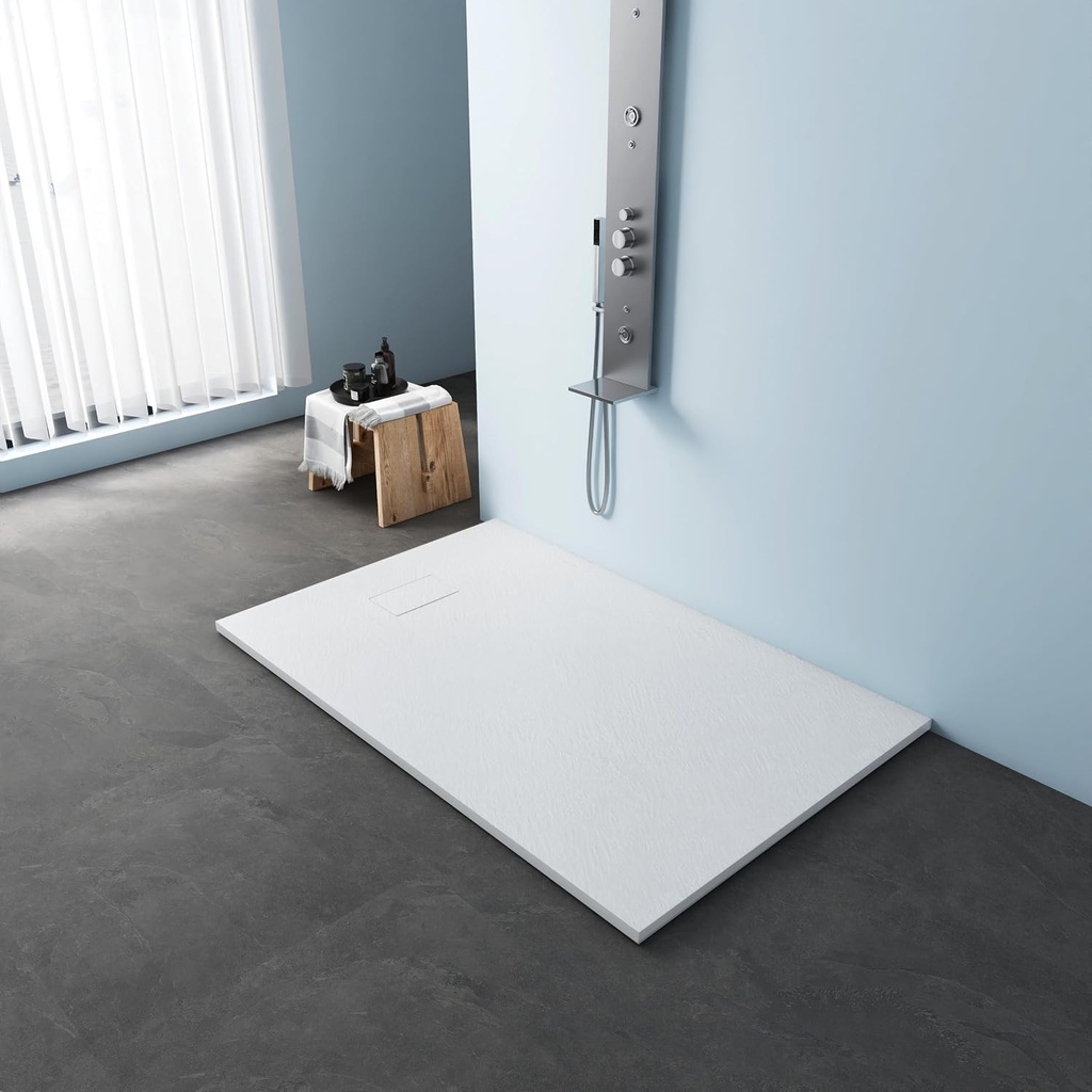 Cădiță de duș MEDUNJESS 140x90 cm SMC Cădiță de duș plată antiderapantă aspect ardezie, 26 mm Cădiță de duș tăiabilă cu capac SMC, orificiu de scurgere Ø 90 mm Albă (fără sifon)