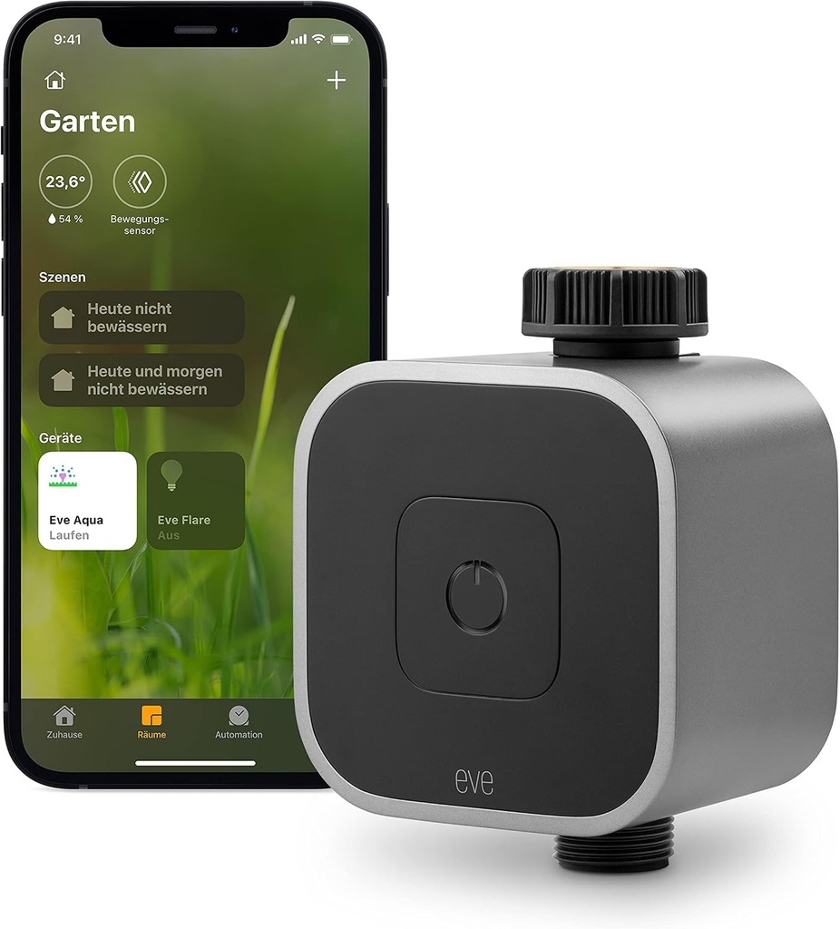 Eve Aqua (Apple Home) – Controler inteligent de apă pentru aplicația Apple Home sau Siri, irigare automată cu programări, ușor de utilizat, acces de la distanță, fără punte, Bluetooth, filet, negru