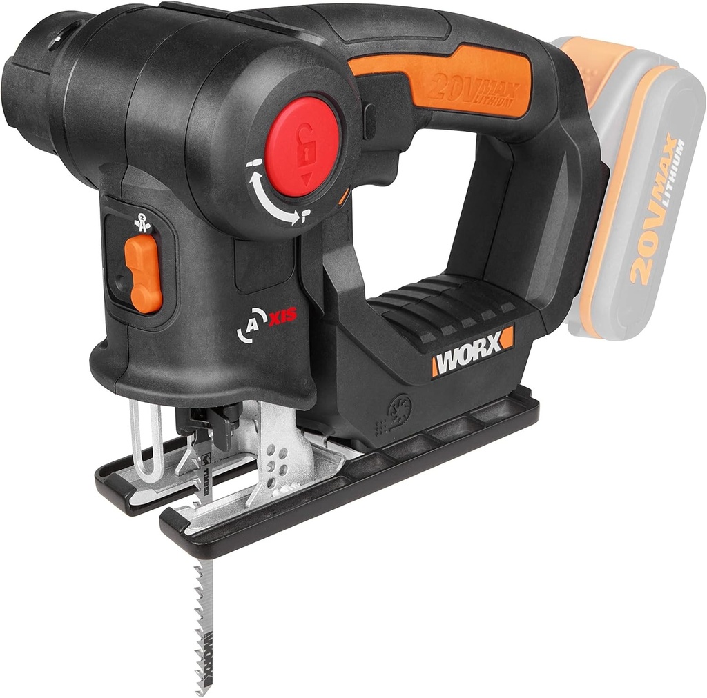 Ferăstrău vertical WORX WX550.9 pentru tăierea lemnului, oțelului și PVC - Ferăstrău universal 2 în 1 cu dispozitiv de fixare și ferăstrău sabie și schimbare rapidă - 20V - cu suflantă de praf și butuc pendul - Fără baterie și încărcător