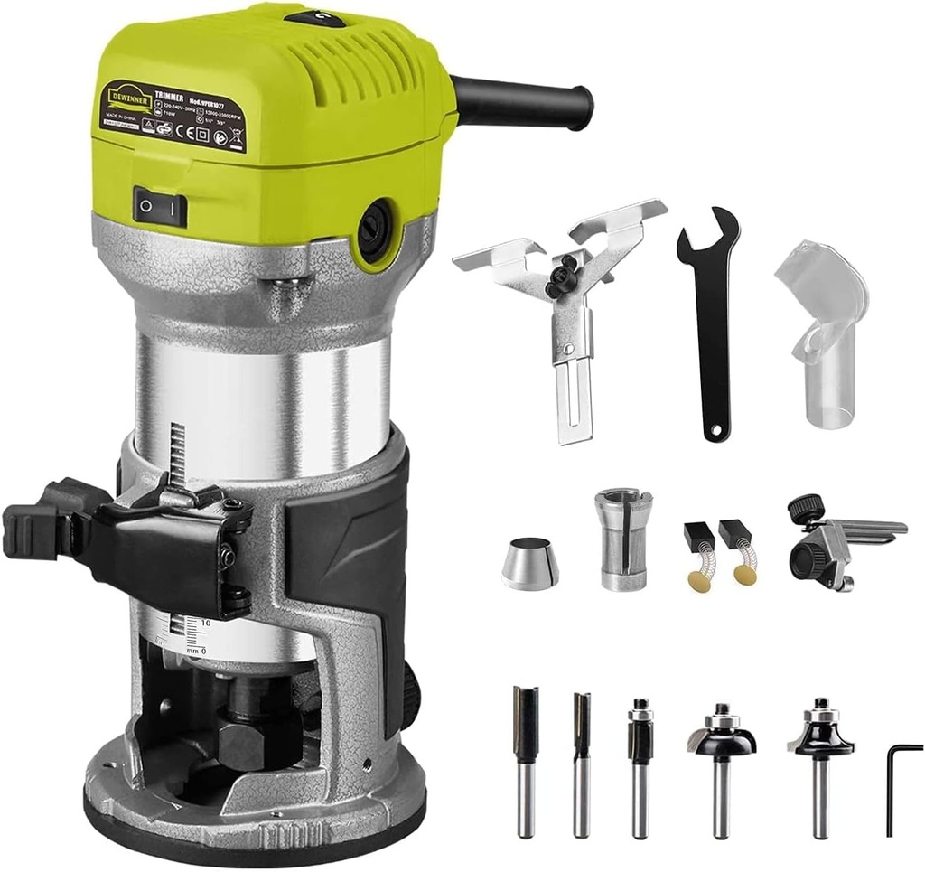 Freză electrică manuală pentru palmă, DEWINNER Trimmer pentru prelucrarea lemnului laminat, freză compactă cu bază pentru freză, 3 ghidaje, 2 pense de 1/4inch (6,35 mm) și 3/8inch
