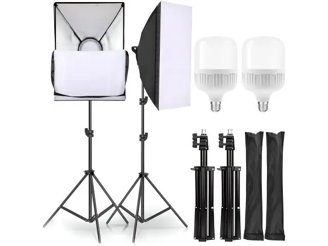 Set pentru studio foto profesional cu softbox, 2x lămpi foto de 135 W, 2x lampă de studio pliabilă, suporturi pentru lămpi, iluminat pentru portrete, fotografie de produs și înregistrări video