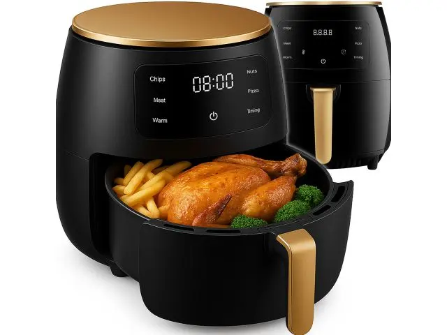 Friteuză cu aer cald de 6 litri, Airfryer 2400 W, 6 programe, friteuză compactă cu aer cald, afișaj LCD, ecran tactil LED, economisire de energie, funcționare silențioasă, negru și auriu
