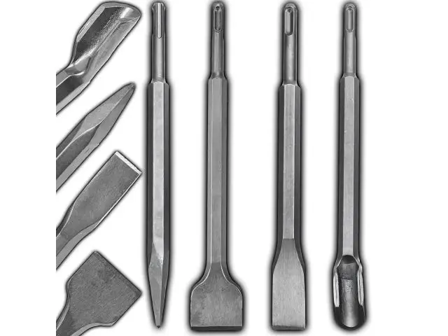 Set de burghie și dălți din metal robust, 4 piese, ciocan demolator, SDS-Plus, cu daltă cu vârf, daltă plată, daltă spatulă pentru beton