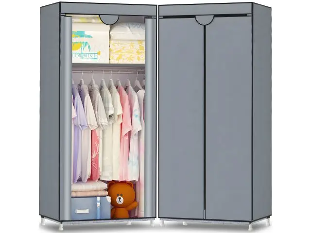 Dulap de stofă 150 x 60 x 45 cm, dulap pentru haine cu bară de agățat și rafturi, dulap pliabil cu fermoar, buzunar lateral, compartimente, dulap modular, garderobă