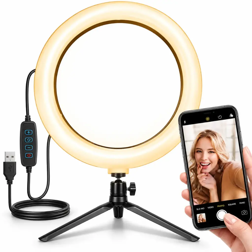 Inel LED de 10 inch cu lampă circulară reglabilă, trepied reglabil și telecomandă, suport pentru telefon, 11 niveluri de luminozitate, 3 moduri de iluminare