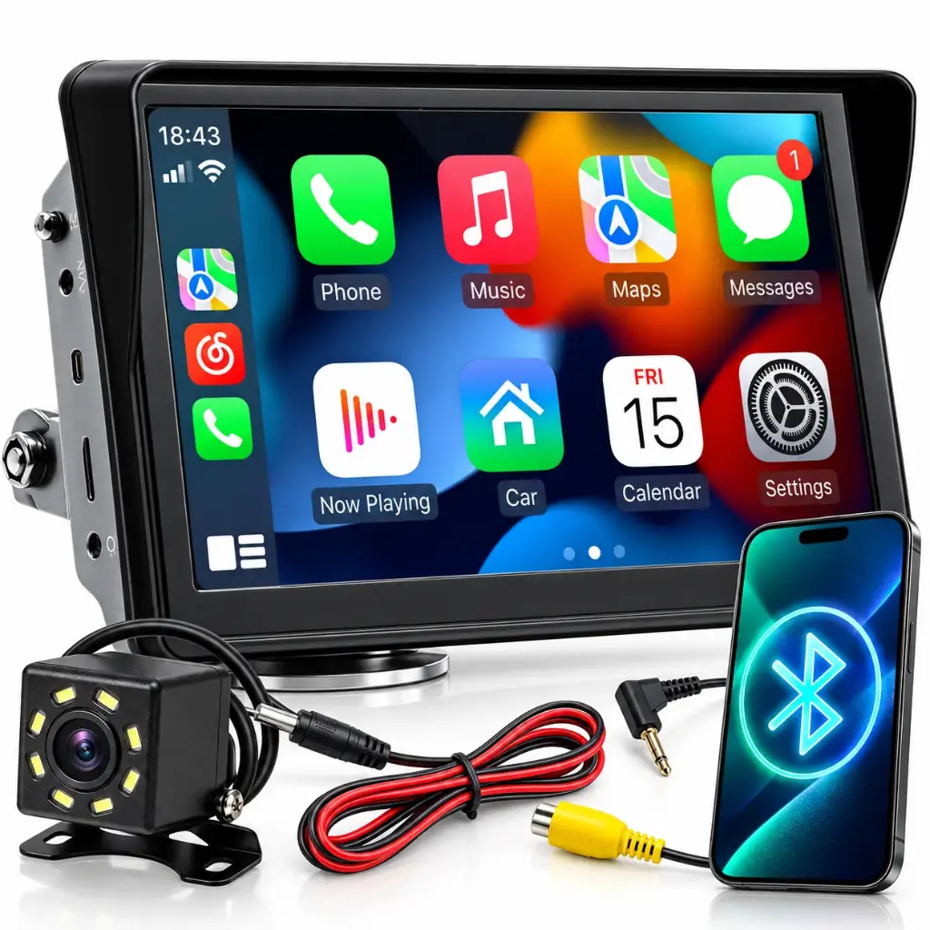 Radio auto touchscreen 7 inch cu wireless și cablu, display pentru mașină cu cameră de mers înapoi, CarPlay/Android Auto/AirPlay, Bluetooth, negru