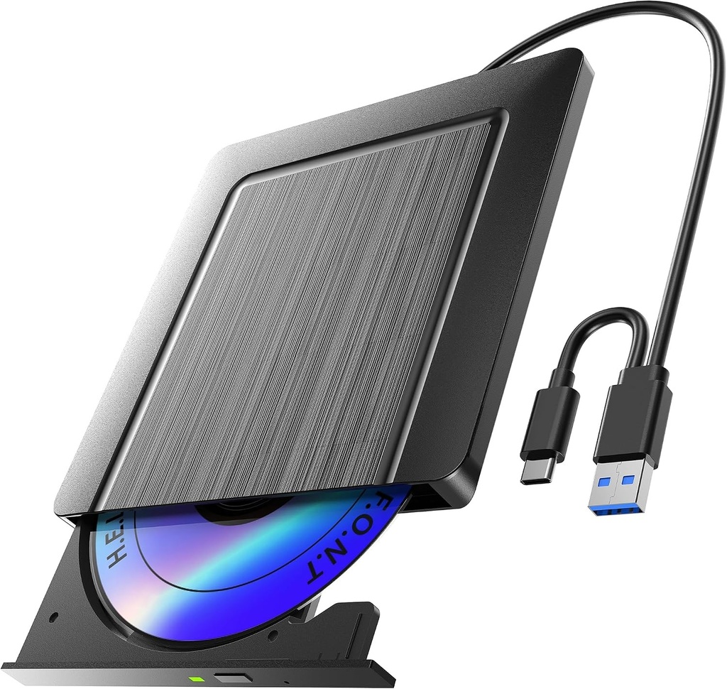 Unitate optică externă CD/DVD subțire, cu interfață USB 3.0 și USB-C – compatibilă cu laptopuri, PC-uri, desktopuri și MacBook-uri (Windows 11/10/8/7/XP, Linux, macOS)