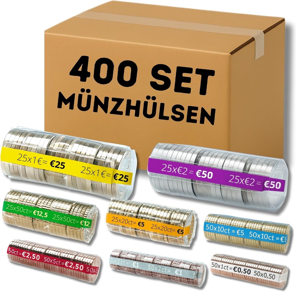 AF– Set mixt de 400 de blistere pentru monede | Pentru rulouri de monede, 50 de bucăți din fiecare valoare: 1, 2, 5, 10, 20 și 50 de cenți, 1 și 2 euro | Cutii pentru depozitarea monedelor