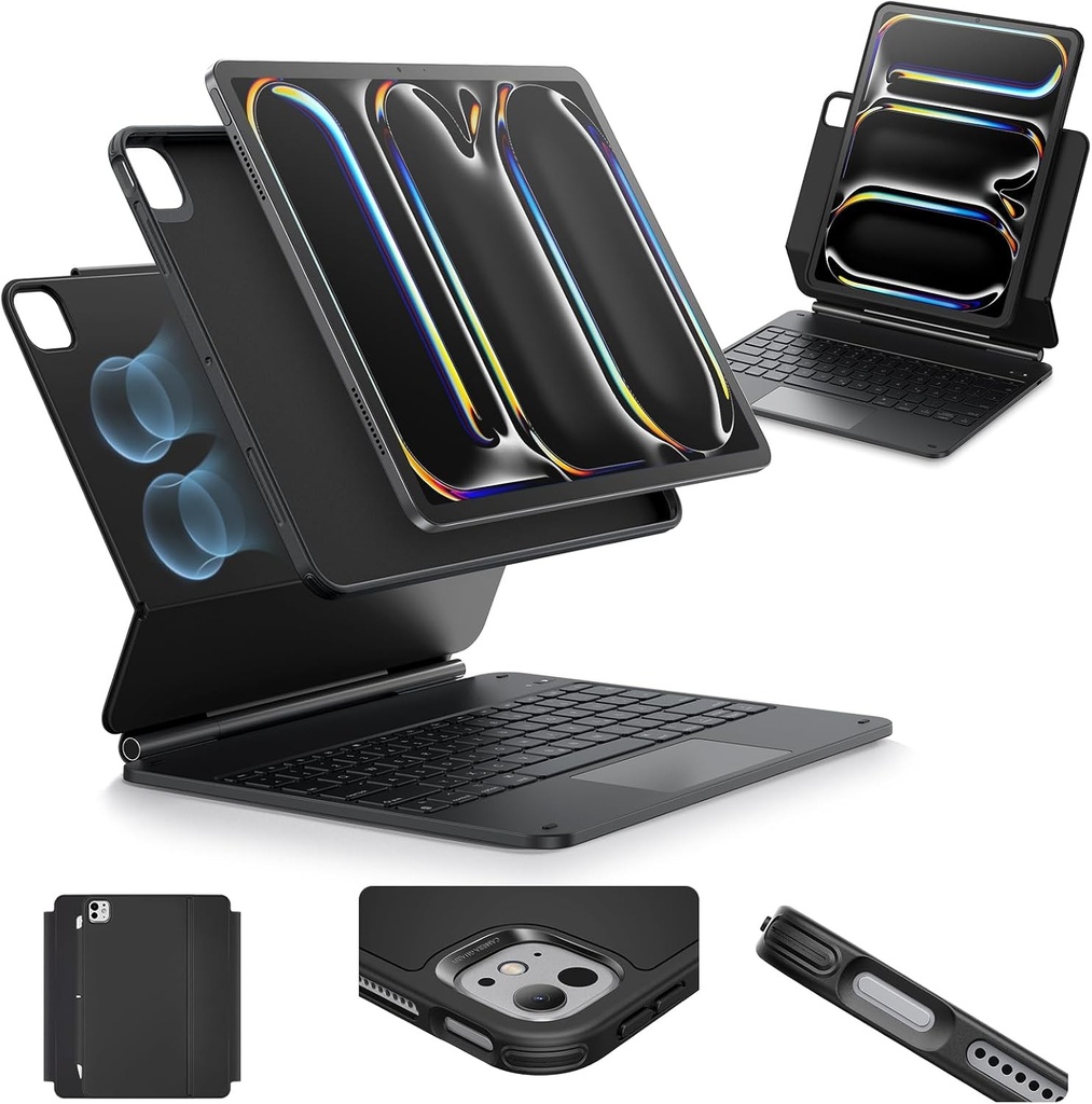 Husă cu tastatură ESR pentru iPad Pro 13 inchi (M4, 2024) cu suport magnetic reglabil Pentru Pro 13 inchi 2025/2024, fixare magnetică, husă detașabilă, trackpad multitouch precis, layout DEU QWERTZ, negru