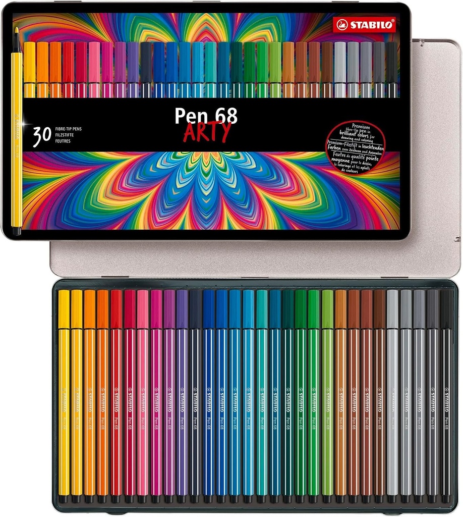 Stilou cu vârf fibros premium - STABILO Pen 68 - Cutie cu 30 de bucăți - Culori asortate
