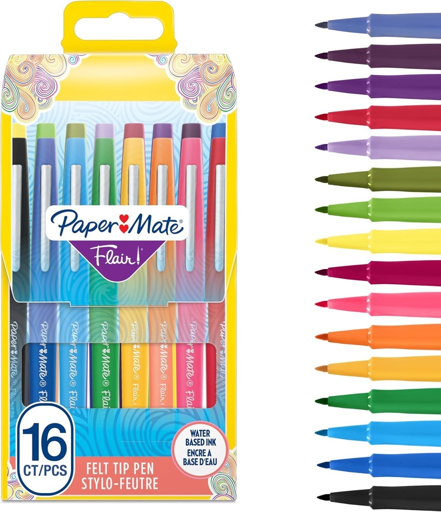 Pixuri PAPER MATE Flair metalice cu pasla - varf mediu (0,7 mm) - cerneala cu sclipici straluceste pe hartie alba - culori asortate - pachet de 12 