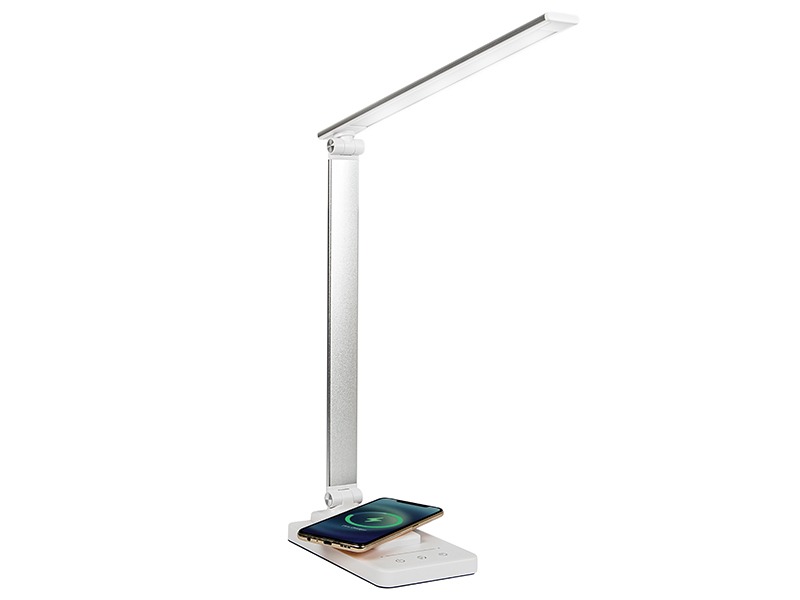 Lampă de birou LED Blow LB-17 cu încărcător wireless Qi 10 W, port USB, 5 moduri, braț flexibil, timer