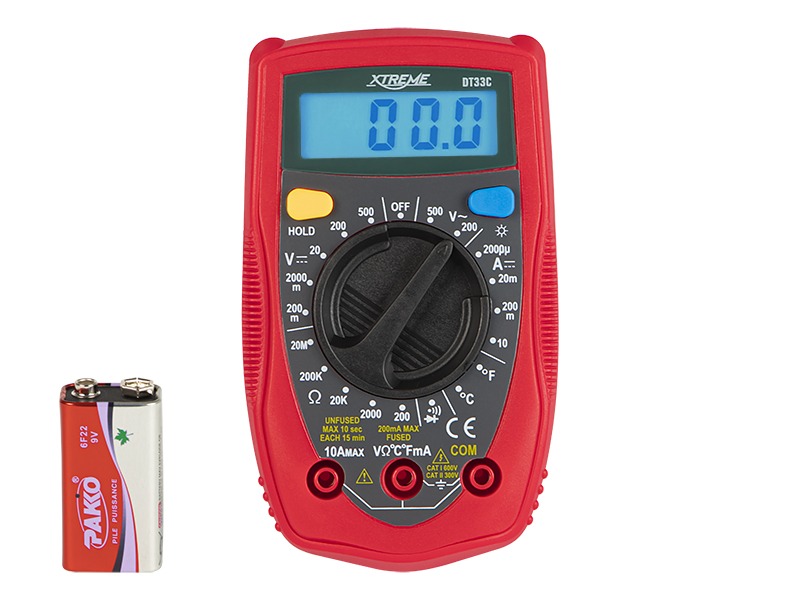 Multimetru digital Xtreme DT33C, ecran LCD, suport rabatabil, măsurare temperatură și test continuitate