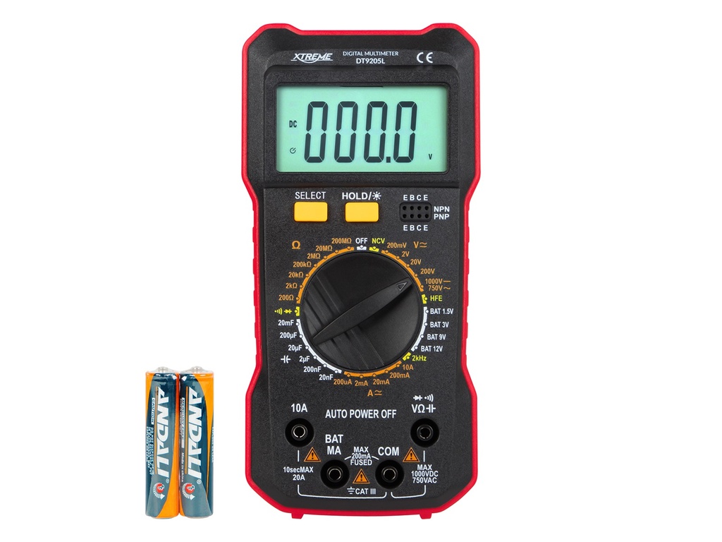 Multimetru digital Xtreme DT9205L, ecran LCD iluminat, husă din cauciuc, cabluri de măsură incluse