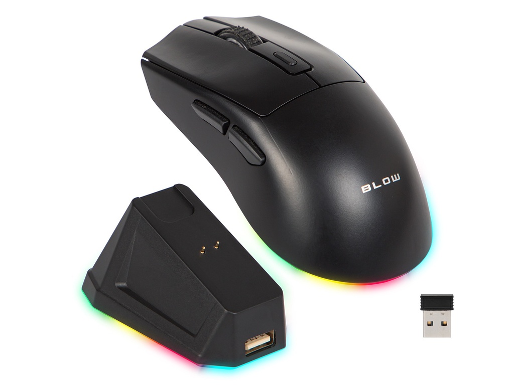 Mouse gaming wireless Blow Adrenaline Omega negru, 7200 DPI, RGB, 2,4 GHz / Bluetooth / USB, stație de încărcare cu hub